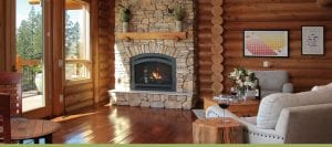 View of the great room of Courtwood Inn with stone fireplace